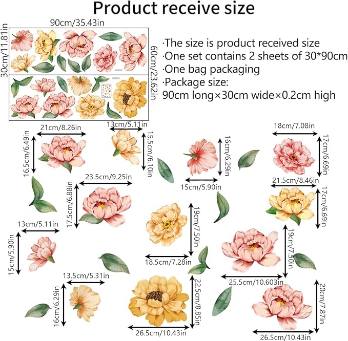 Floral Wall Decals Set - Vibrant Colors & Sizes - 2 Sheets of 30x90cm - Easy Peel & Stick for Home Decor