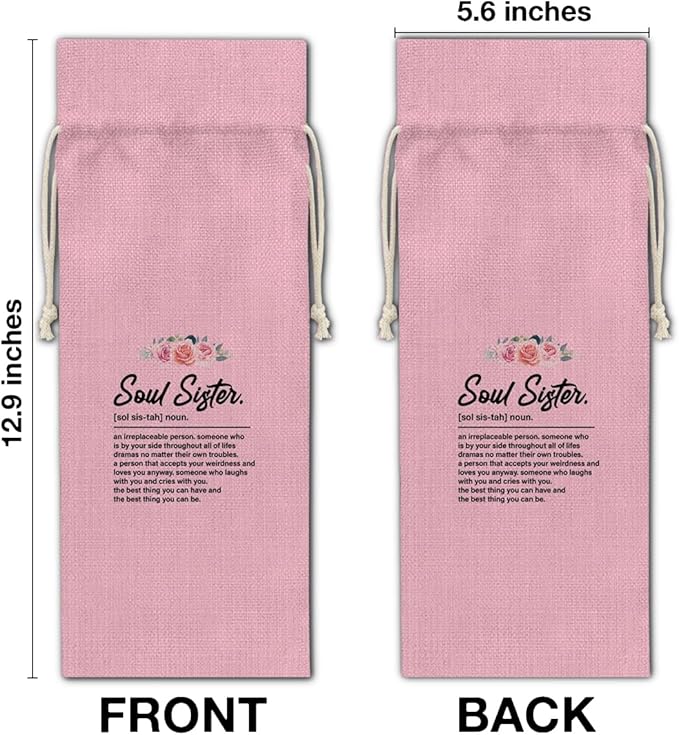 HOIJAUMAI Soul Sister Gift Friendship Gifts for Women Best Friends Soul Sister Bestie, Soul Sister Wine Bag Soul Sister Definition Wine Gift Bags for Birthday (Pink)