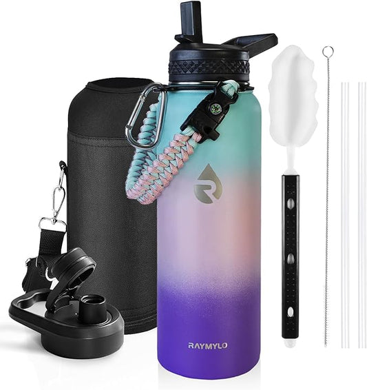 Insulated Water Bottle 40 oz, Triple Wall Vacuum Stainless Steel (Cold for 48 Hrs), Leak Proof & BPA-Free, Modern Water Flask Jug with Paracord Handle & Straw Spout Lids, Hydrangea