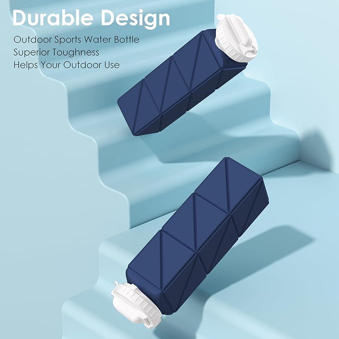 Collapsible Water Bottles 20.7oz Leakproof with Straw Lid Food-Grade BPA-Free Silicone Travel Foldable Water Bottles for Sports Office Gym Hiking Driving 610ML (Type2 Navy Blue+Green)