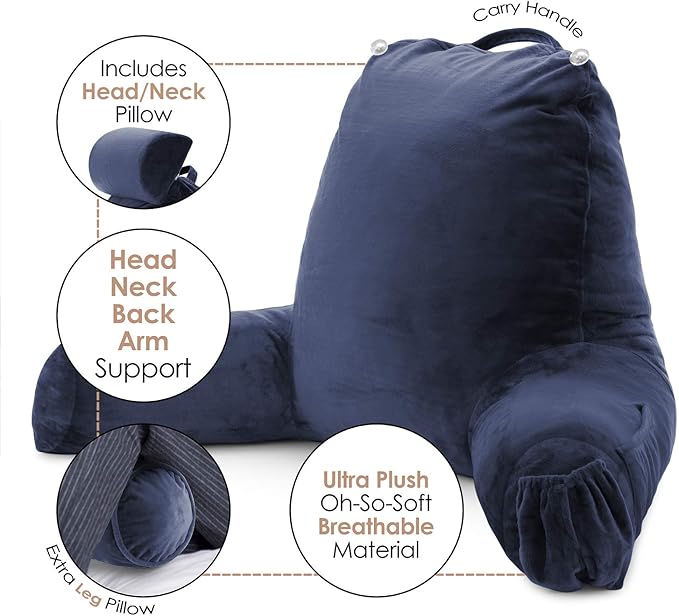 Nestl Reading Pillow Large Bed Pillow, Back Pillow for Sitting in Bed Shredded Memory Foam Chair Pillow, Reading & Bed Rest Pillows Navy Blue Back Pillow for Bed, Bed Chair Arm Pillow with Pockets