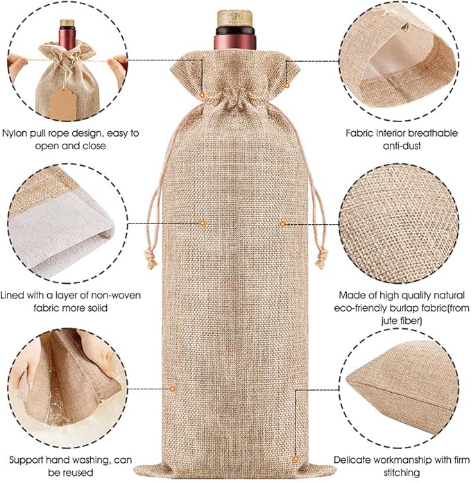 Homum 24Pcs Premium Burlap Wine Bags and 12Pcs Gift Tags, Reusable Wine Gift Bags with Drawstrings, Wine Bottle Bags, Wine Bags for Wedding, Birthday, Blind Tastings, Christmas,Party, Home Storage