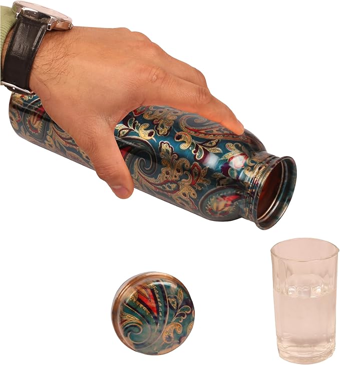 Pure Copper Water Bottle - Handcrafted - Ayurveda Health Benefits -Paisley Floral Prints 35 OZ - Leak proof - Easy to carry For Sports, Fitness, Yoga, School - Vintage Enamel.