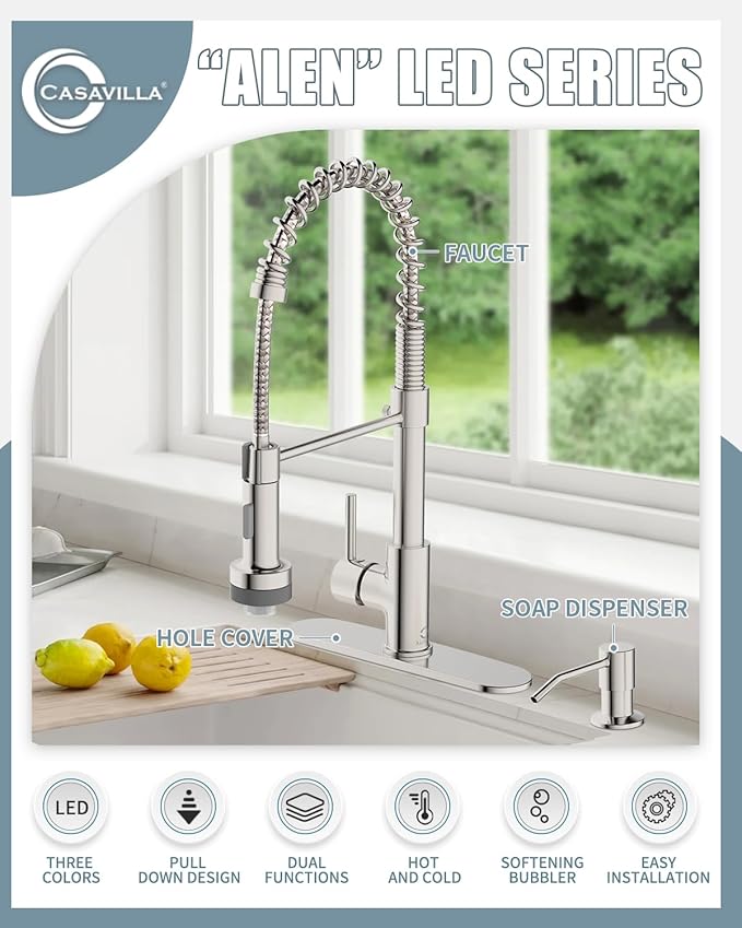 Kitchen Faucet with LED Light,Kitchen Faucet with Soap Dispenser,Faucet for Camper Farmhouse RV Kitchen Sink,Single Handle Stainless Steel Kitchen Sink Faucets with Pull Down Sprayer,Nickel Brushed