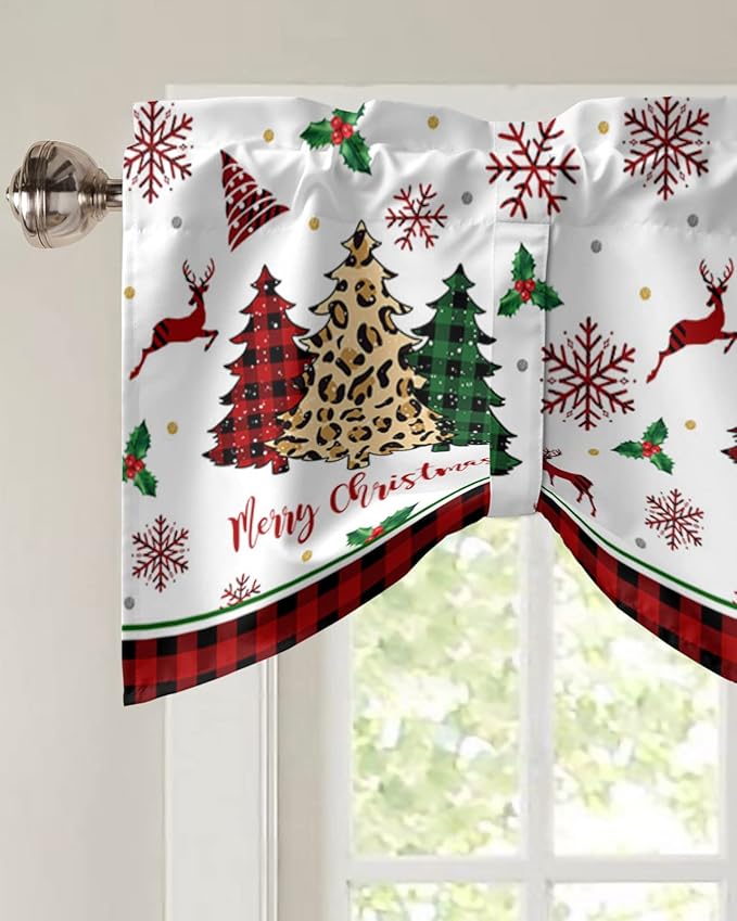 Merry Christmas Blackout Tie Up Valance Curtains for Kitchen Windows Farm Christmas Tree Buffalo Plaid Leopard Window Toppers Balloon Shades for Living Room/Bathroom/Bedroom,42" X 18" Holiday Decor