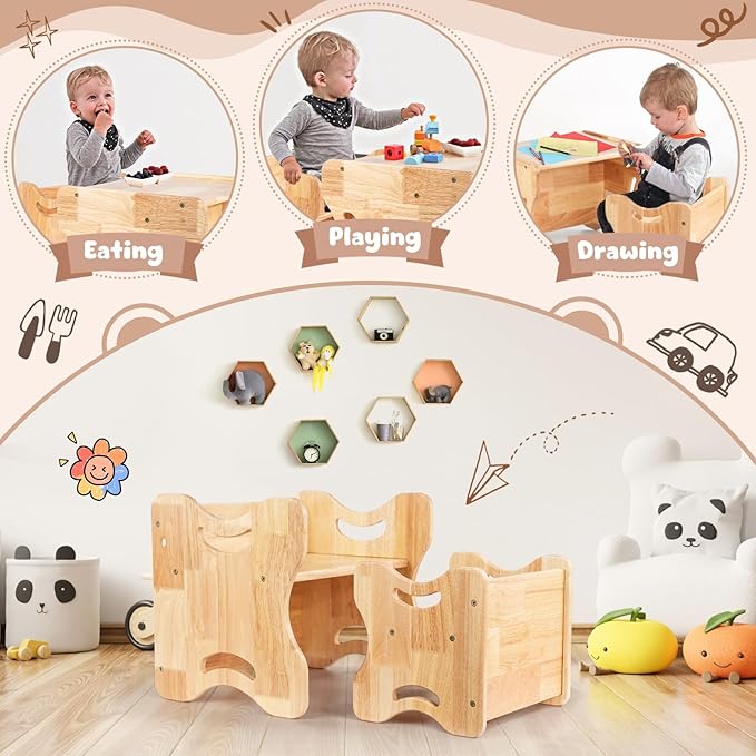 Grebarley Montessori Weaning Table and Chair Set, Solid Wood Tables and Chairs for Toddlers Age 1-3, 2 in 1 Real Hardwood Desk for Reading, Snack Time, Activity Cube, Step Stool, Montessori Furniture