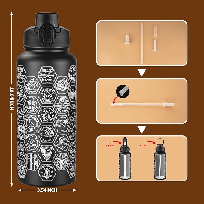 National Parks Water Bottle with Stickers and Straw,32oz Double Wall Vacuum Wide Mouth Insulated Water Bottle for Travel,BPA-free and Leak-proof (32oz,Black)