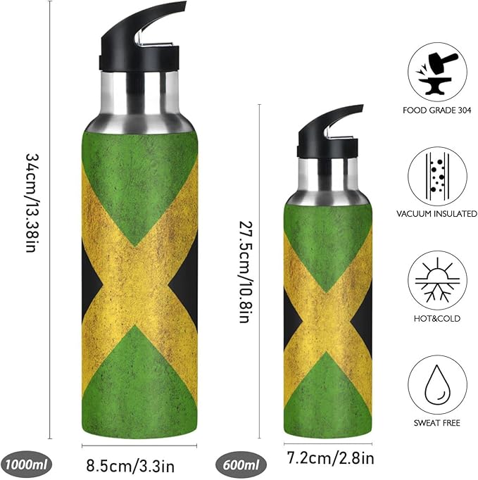 Jamaica Flag Jamaican Sports Water Bottle, Double Wall Vacuum Insulated Stainless Steel Water Bottle with Straw Keeps Hot and Cold, Bike Running Sports Travel Gym 20oz, one size
