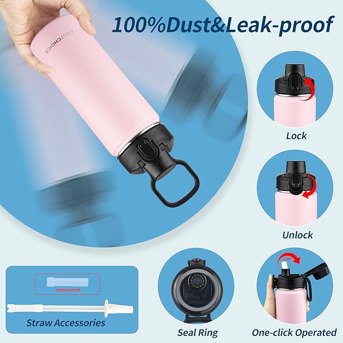 Insulated water bottle with Straw,18oz Stainless Steel Water Bottle for Adult Kids,Double Wall Vacuum Wide Mouth Insulated Water Bottle for School,BPA-free and Leak-proof（18oz,Pink）