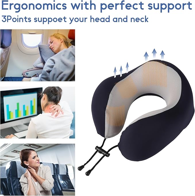 Travel Neck Pillow, Curved Ergonomic Design, Ice Silk Fabric is Comfortable and Breathable, The Pillowcase is Removable. Comes with Portable Storage Bag and Ear Plugs (Blue)