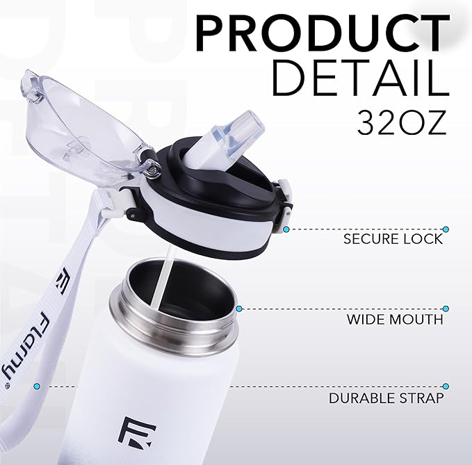 32 oz Insulated Water Bottle with Straw, Stainless Steel Metal Thermos Bottles, Durable Non-Slip Gradient Bottle with Strap for Sports and Travel, Leak Proof (Gray Black)