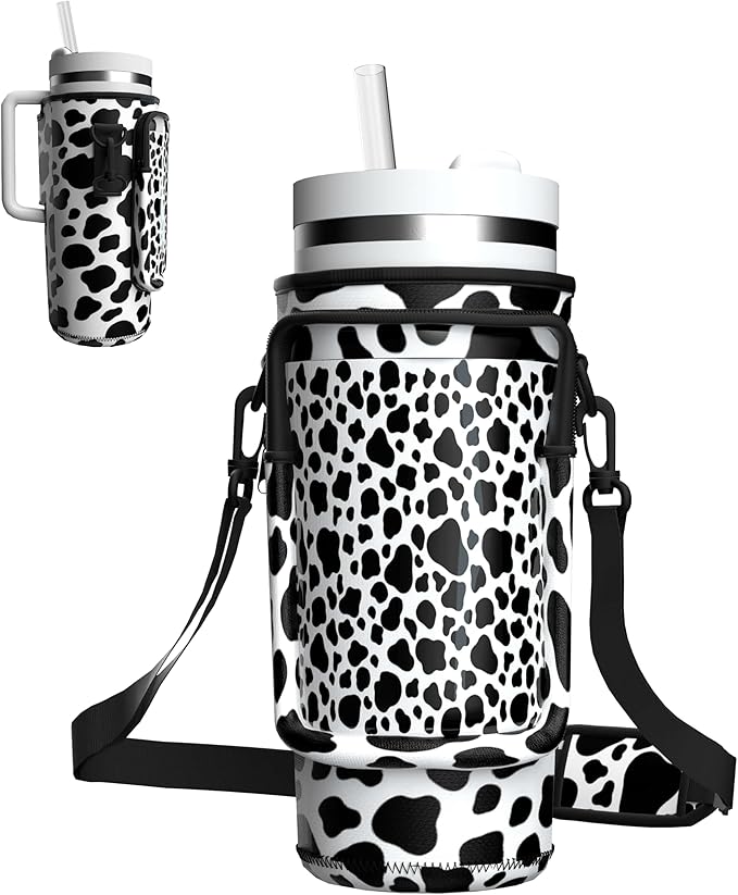 Water Bottle Carrier Bag with Phone Pocket for 40oz Tumbler with Handle, Adjustable Strap Neoprene Water Bottle Sleeve Pouch for Hiking Camping Travelling. (Cow)