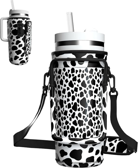 Water Bottle Carrier Bag with Phone Pocket for 40oz Tumbler with Handle, Adjustable Strap Neoprene Water Bottle Sleeve Pouch for Hiking Camping Travelling. (Cow)