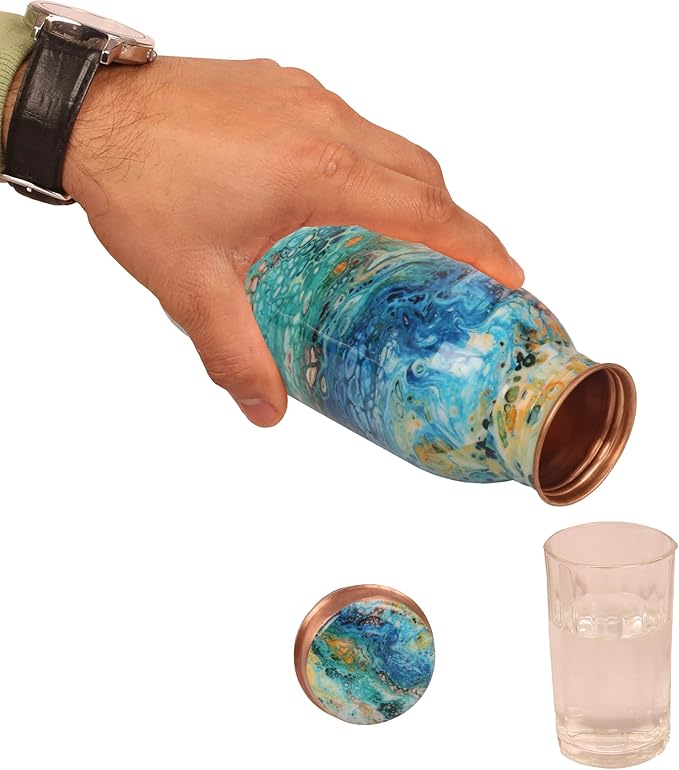 Pure Copper Water Bottle - Handcrafted - Ayurveda health benefits - Small 15 oz - Leak proof - Easy to carry for Sports, Fitness, Yoga, School - Royal Mosaic 3D Vintage Colorful Enamel