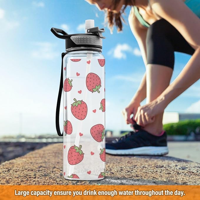 Strawberry Water Bottle with Straw Cartoon Heart Sports Bottles BPA-Free Tritan Water Jug with Carrying Strap for Gym Office Outdoor Sports