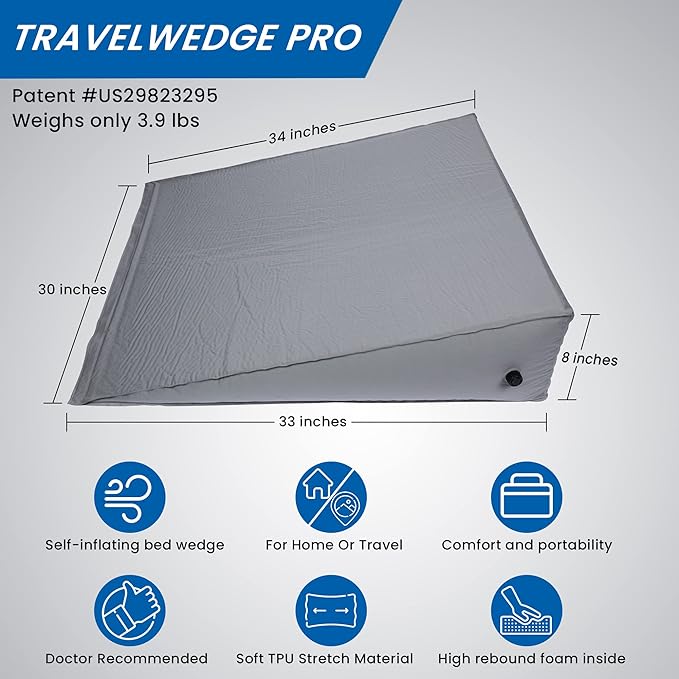 Self-Inflating Bed Wedge Pillow | Lightweight for Travel | Wedge Pillow for Sleeping and Acid Reflux, Heartburn, and GERD Pillow (30 Inch)