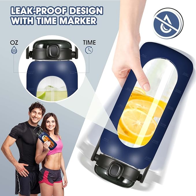 Glass Water Bottles 64 oz - Half Gallon Water Bottle with Straw Phone Holder Handle Time Marker and Silicone Sleeve, Large Motivational Water Jug with Carrier Bag for Daily Intake Gym Blue