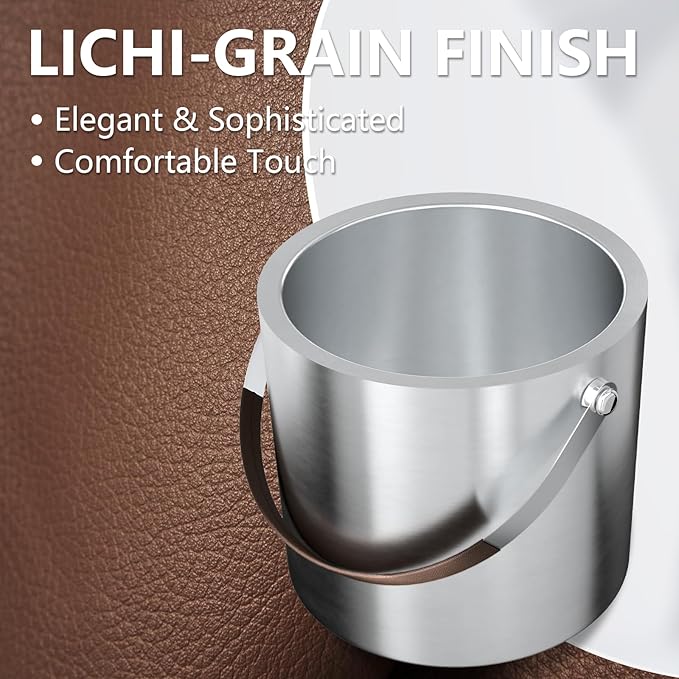 3L Double Wall Ice Bucket for Parties with Silicone Lid, Tongs & Strainer, Bar Insulated Ice Buckets [Silicone Lid for Longer Ice] Cocktail Wine Bucket Champagne Chiller Brown Accent Handle
