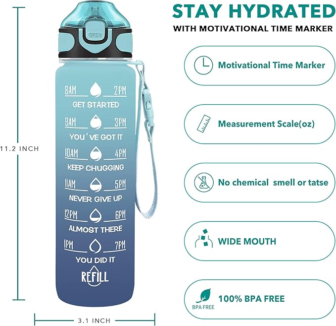 Enerbone 32 oz Drinking Water Bottle with Times to Drink and Straw, Motivational with Carrying Strap, Leakproof BPA & Toxic Free, Ensure You Drink Enough Water for Fitness Gym Outdoor