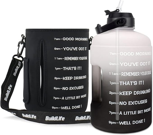 QuiFit 1 Gallon Water Bottle - with Straw & Motivational Time Marker Leak-Proof BPA Free Reusable Gym Sports Outdoor Large(128OZ) Capacity Water Jug(Gray/Black with Sleeve,1 Gallon)