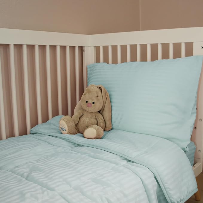 Toddler Bedding Set - 4 Piece Soft Crib Bedding Set for Boys and Girls, Includes Toddler Comforter, Flat Sheet, Fitted Sheet and Pillowcase, Green Stripe