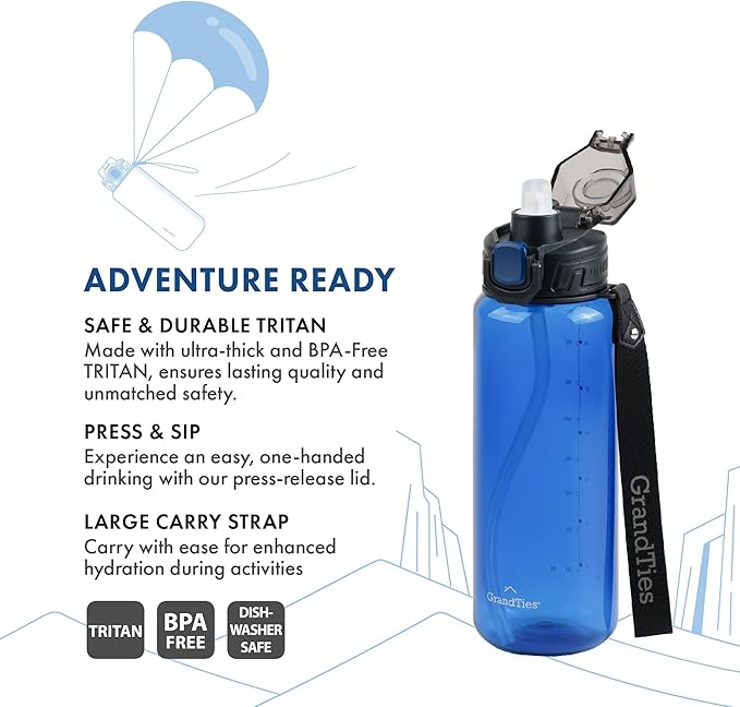GRANDTIES Sports Tritan Plastic Water Bottle with Straw, Removable – Leakproof BPA Free Dishwasher Safe Travel Water Bottle with Strap for Gym, Outdoor, Fitness (Navy, 28oz (800mL))