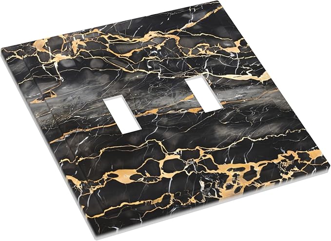 Golden Veins Marble Double Toggle Light Switch Covers 2 Gang Wall Plate Dual Decorative Switchplate Electrical Faceplate for Bathroom Country Kitchen Bedroom Decor, 4.9" x 5"