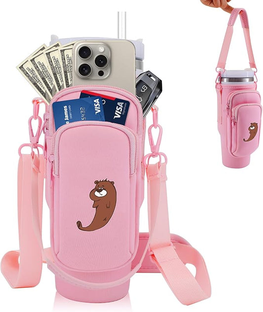 Water Bottle Carrier Bag for Stanley Cup Accessories, for Stanley Tumbler 40 Oz with Handle Holder Bag with Strap Neoprene Bollus with Straw, Straw Cover, Carabiner (Off White)