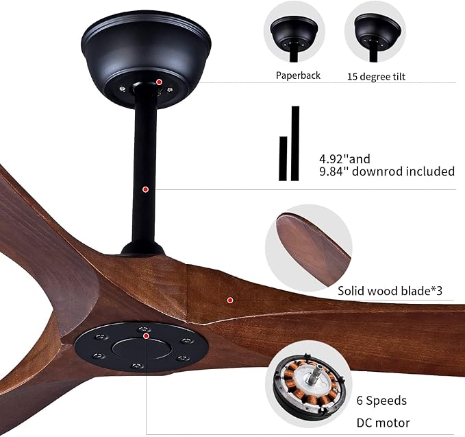 Bigzone 70" Ceiling Fan Without Light, 3 Solid Wood Blades, Remote Control, Reversible Wooden Ceiling Fan