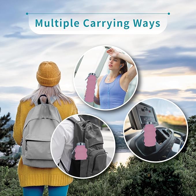 Collapsible Water Bottles 17oz, Odorless BPA-Free Silicone, Leak-Proof Foldable Reusable Bottle - Perfect for Travel Sports Gym Hiking Camping Cycling - Pink