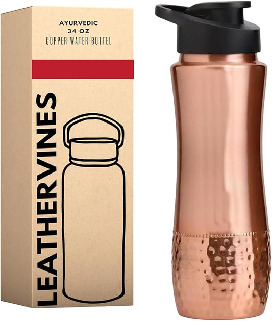 Pure Copper Water Drinking Bottle with Sipper - Copper Hammered Ayurvedic Vessel For Drinking - Drink More Water, Reduce Sugar Intake - Ayurveda Health Benefits - 34 Oz