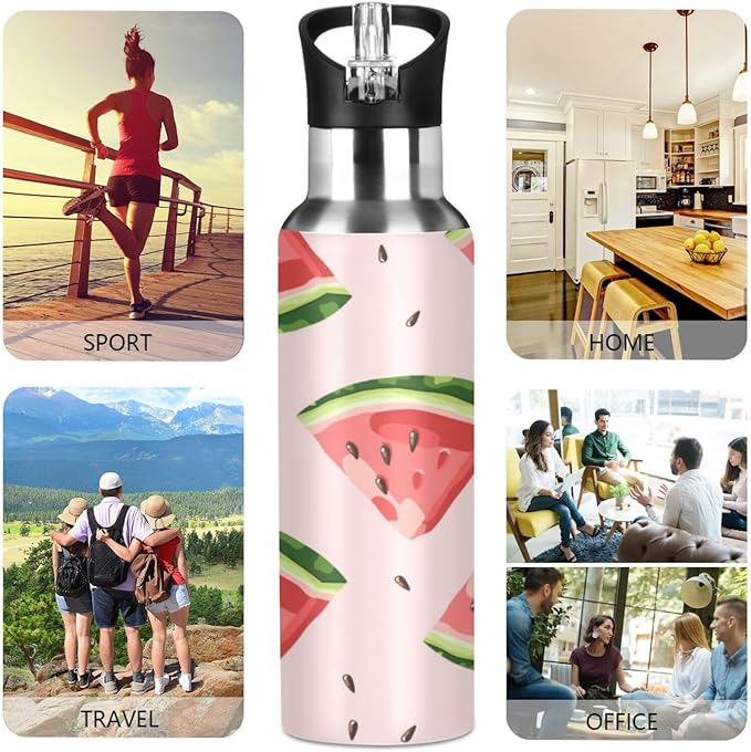 ALAZA Red Watermelons Water Bottle With Straw Lids Boys Girls,Vacuum Insulated Leakproof Stainless-Steel Sports Bottle Thermal Flask For Gym Yoga Camping,34Oz (1000Ml)