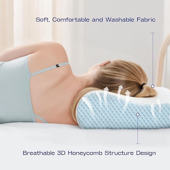 Memory Foam Contoured Pillow - 2 Hieghts Orthopedic Pillows for Neck Pain Relief- Soft Memory Foam Pillow for Sleeping- Ergonomic Pillows for Side, Back, Stomach Sleepers (Blue White)