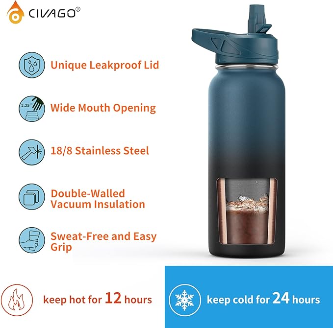CIVAGO 40 oz Insulated Water Bottle With Straw, Stainless Steel Sports Water Flask Cup with 3 Lids (Straw, Spout and Handle Lid), Double Walled Travel Thermal Canteen Mug, Raspberry Vibes