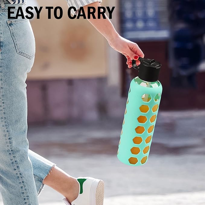 MUKOKO Glass Water Bottles, 24oz Glass Tumbler, Drinking Bottles with 2 Lids-Handle Flip Straw Lid&Bamboo Lid, Motivational Water Bottle with Time Marker and Silicone Sleeve, Leakproof-1 Pack-Green