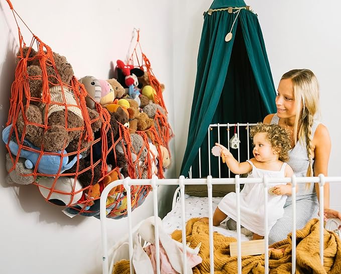 Stuffed Animal Net or Hammock -Wall Mounted-Handmade Macrame Toy Hammock Organizer Stuffed Animal Display Plush Toys Holder Boho Decor for Nursery Playroom orange