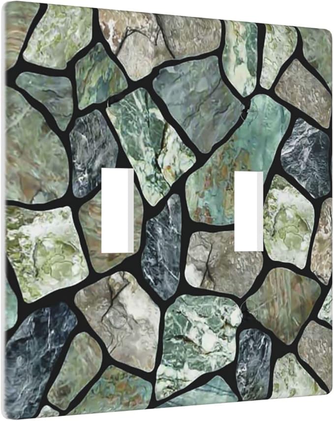 Green Stone Texture Double Toggle Light Switch Wall Plate Cover Decorative 2-Gang for Room Bathroom Bedroom Home Kitchen Two Lightswitch Polycarbonate 4.5" x 4.6"
