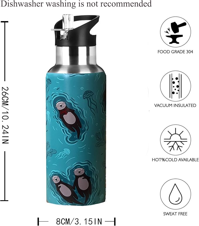 Cute Sea Otter Animal Sport Water Bottle with Straw, Vacuum Insulated Stainless Steel Thermal Drinking Travel Mug Cups For Gym Fitness Camping-20oz/600ml, Green