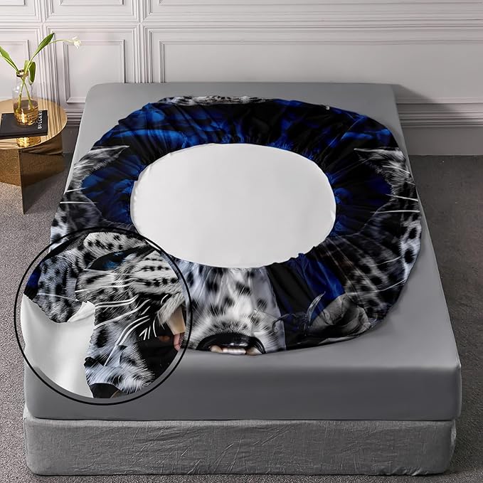 AILONEN Leopard Fitted Sheet Set Queen Size, Roaring Cheetah Print Bed Sheet Set,Blue Rose Bedding Grey Leopard Sheet Set,Wildlife Bed Sheet Set Animal Themed Fitted Sheet and 2 Pillowcases,3 Pieces