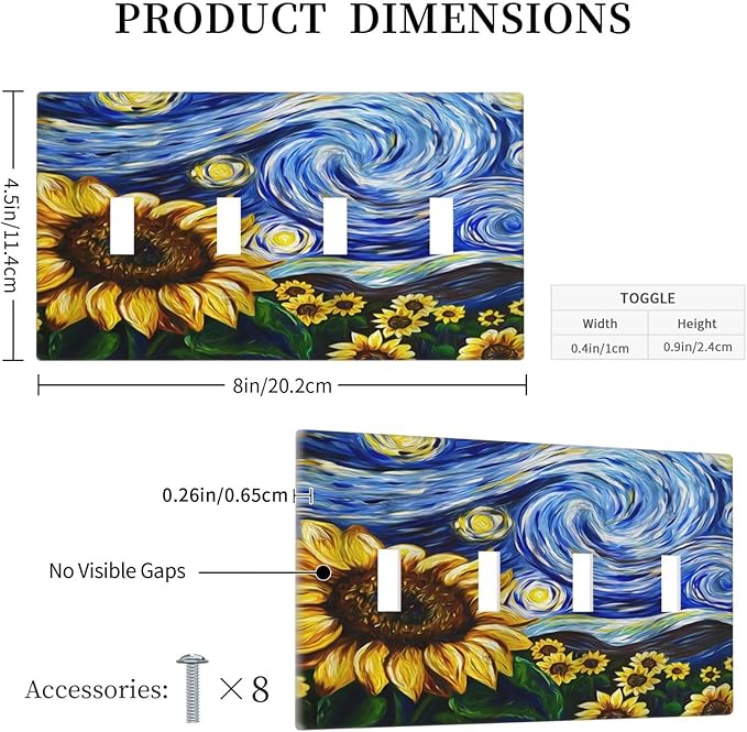 Vintage Abstract Blue Starry Sunflower Quad Toggle Light Switch Covers 4 Gang Wall Plate Decorative Switchplate Electrical Faceplate for Farmhouse Country Bedroom Decor