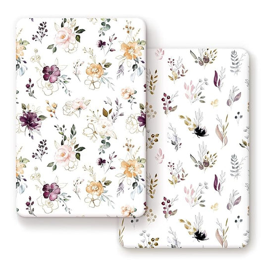 GRSSDER Stretchy Ultra Soft Jersey Knit Fitted Pack n Play Sheets Set 2 Pack,Fits Portable Playard/Mini Cribs Mattress Snug and Safe,Watercolor Purple Flora for Baby