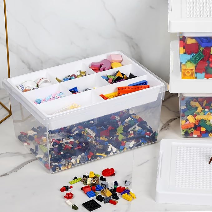 loobuu Plastic Storage Bins with Lids - 3 Set Stackable Arts Crafts Organizer Box with Removable Divided Tray &Compatible Building Baseplate,Toy Chest Containers for Bricks -White