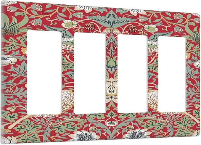 William Morris Strawberry Thief Botanical Red Green 4 Gang Rocker Decora Light Switch Cover Outlet Covers Wall Plate Decorative Switchplate Electrical Faceplate GFCI for Country Bedroom Decor