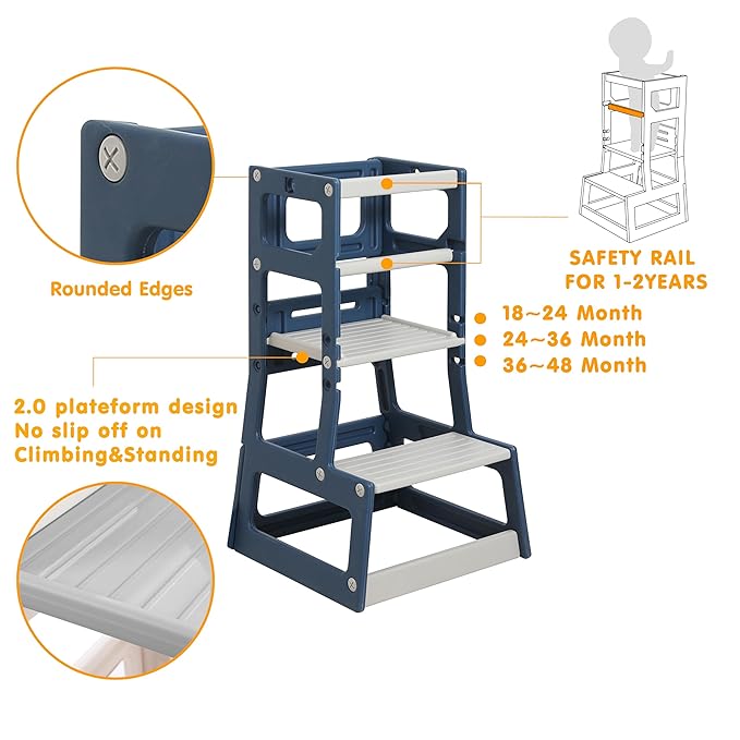 SDADI Mother's Helper Adjustable Height Plastic Kitchen Step Stool for Children, Kids Toddlers Counter Level Learning Stool for Kitchen & Bathroom,Blue and Light Grey