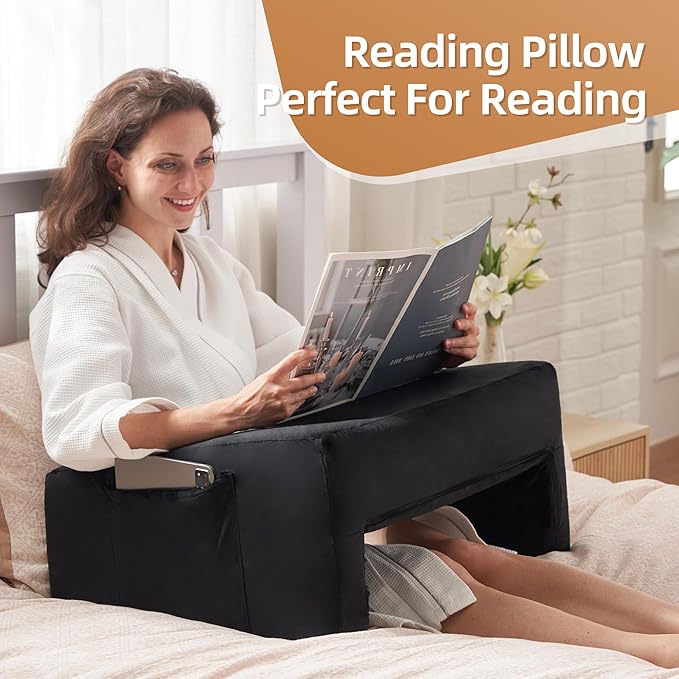 Homguava Reading Pillow Memory Lap Desk Foam Pillow for Adults Gaming Pillow Arm Rest Pillow for Reading, Crocheting, Gaming or Sitting in Bed (Black, Large)
