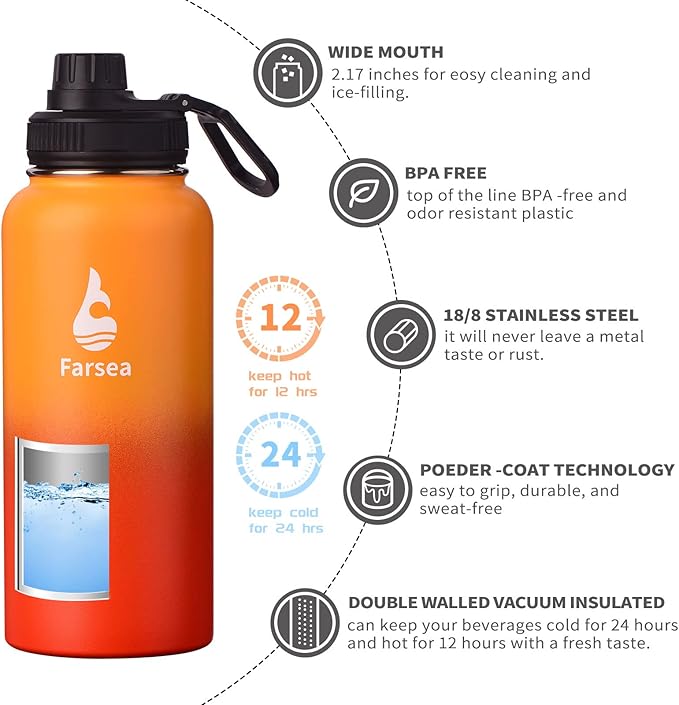 Farsea Insulated Water Bottle With Paracord Handle, Protective Silicone Boot and 2 Lids (Straw Lid & Spout Lid), Stainless Steel Water Bottle Wide Mouth, Double Wall Sweat-Proof BPA-Free, 32 oz