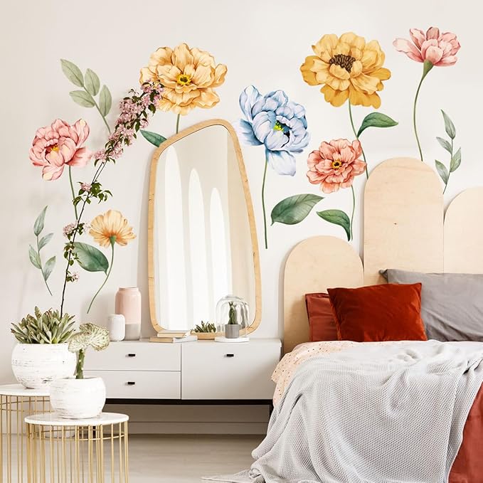 Large Flower Wall Decals Colorful Blossom Floral Wall Stickers Removable Wall Murals Peel and Stick Girls Bedroom Living Room Nursery Wall Decor