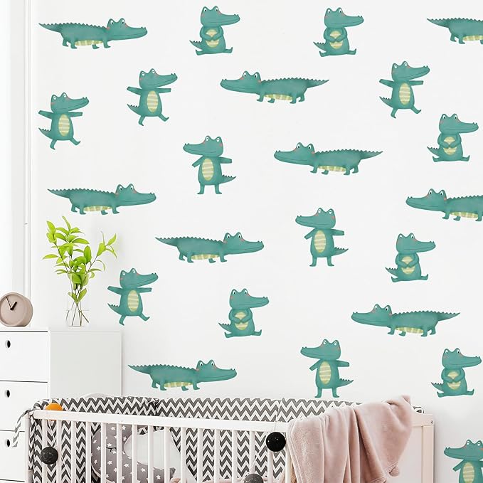 5 Sheets Cartoon Animal Wall Decal Removable DIY Green Small Crocodile Wall Decal Peel and Stick Jungle Animals Wall Stickers Wall Art for Baby Nursery Bedroom Living Room Playroom Decor