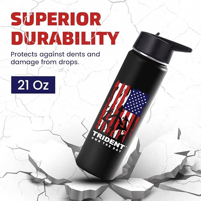 American Flag Water Bottle, 21 oz Insulated Water Bottle, Reusable Water Bottle with Straw, Leak Proof Water Bottles, Thermos Water Bottle - Retired Navy Combat Vet Small Business (Black, 21 Oz)