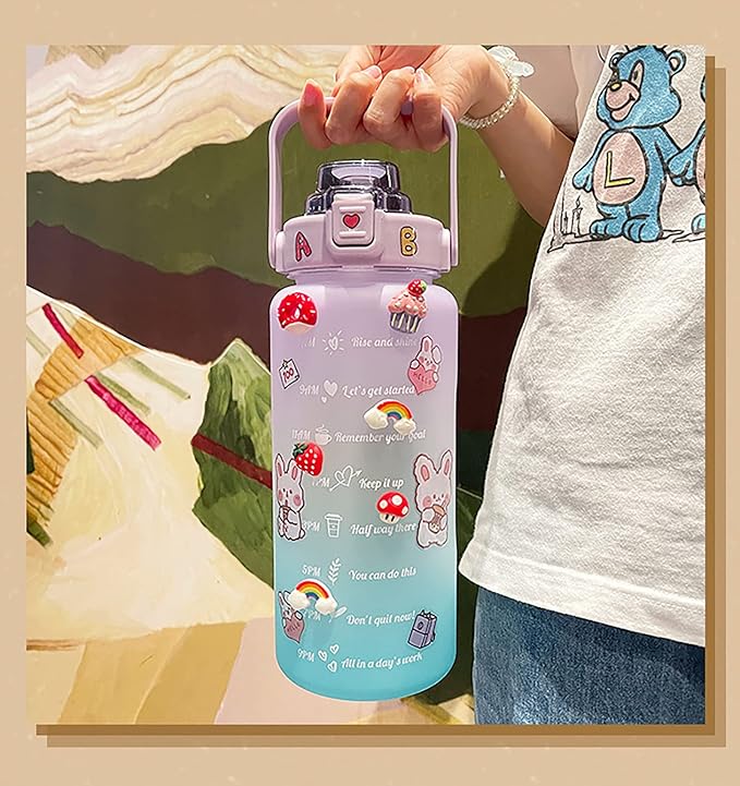 Motivational BPA Free Water Jug with Handle 2L Large Capacity Matte Water Bottle Kettle with Time Marker Straw for Sports Fitness
